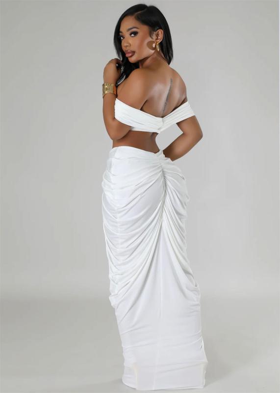 White Women Underwires Off Shoulder Pleated Maxi Dress