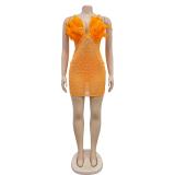 Orange Off Shoulder Feather Neck Diamonds Mesh Women Party Dress
