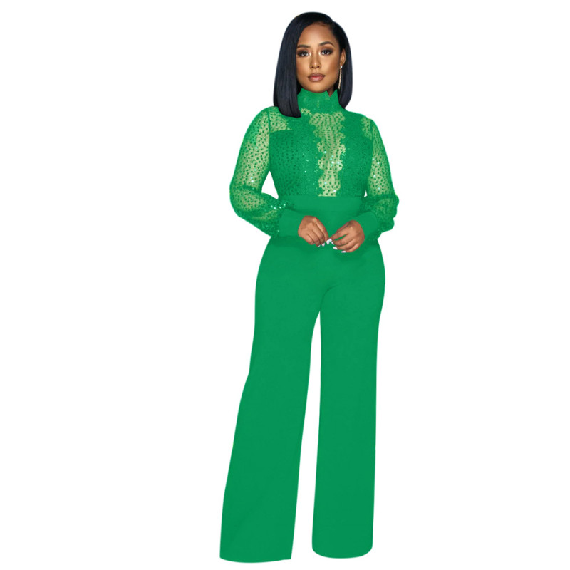 Green Sequins Mesh See Through Long Trousers Jumpsuits
