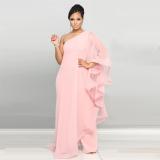 Pink Women Single Shoulder Mesh Cloak Splicing Casual Jumpsuits