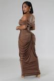 Brown Women Underwires Off Shoulder Pleated Maxi Dress