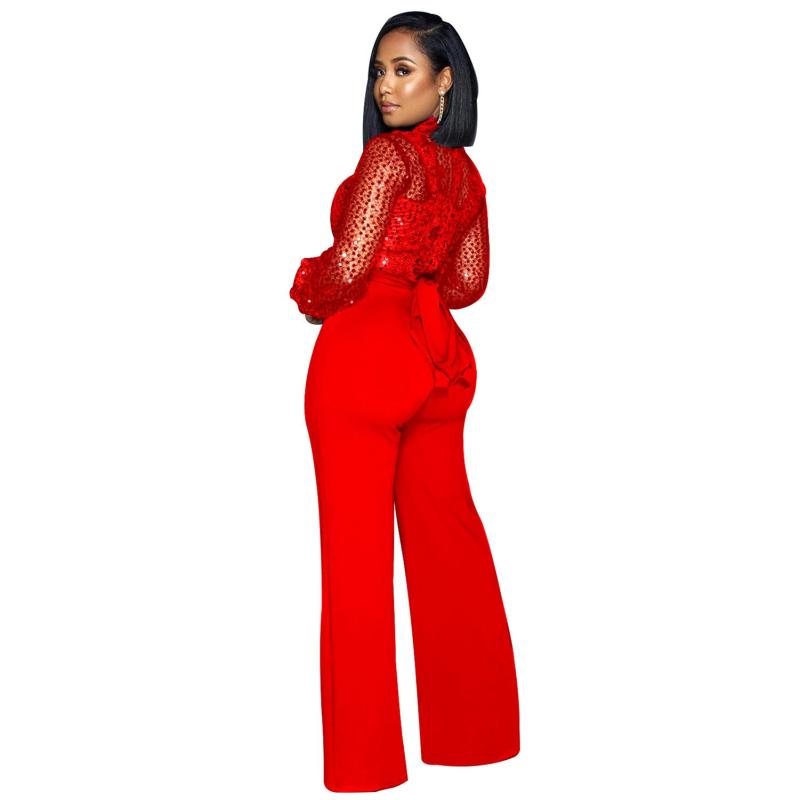 Red Sequins Mesh See Through Long Trousers Jumpsuits