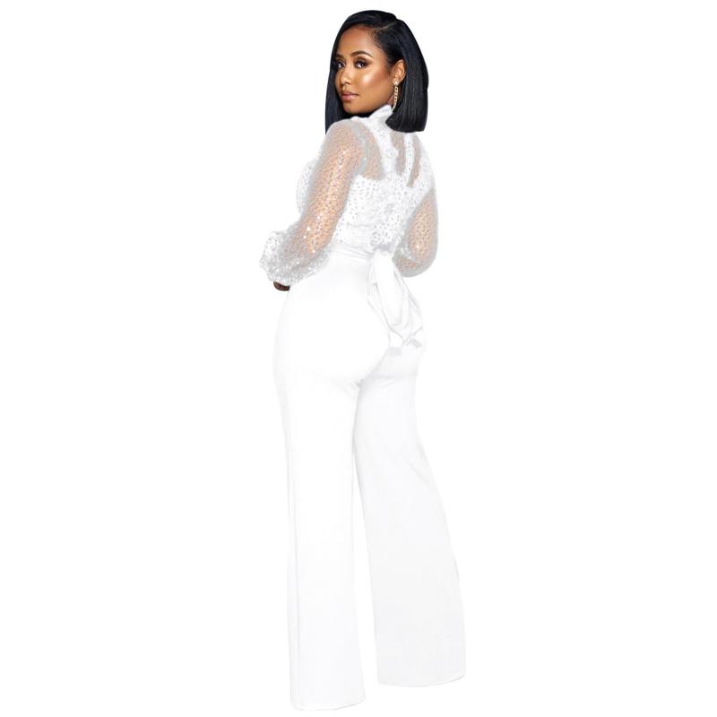 White Sequins Mesh See Through Long Trousers Jumpsuits