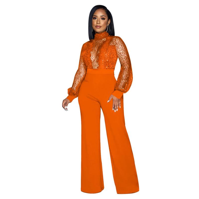 Orange Sequins Mesh See Through Long Trousers Jumpsuits