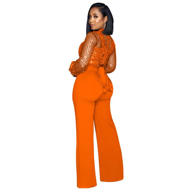 Orange Sequins Mesh See Through Long Trousers Jumpsuits