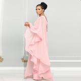 Pink Women Single Shoulder Mesh Cloak Splicing Casual Jumpsuits