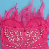 Pink Off Shoulder Feather Neck Diamonds Mesh Women Party Dress
