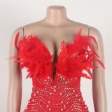 Red Off Shoulder Feather Neck Diamonds Mesh Women Party Dress