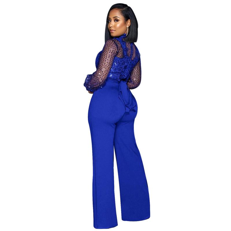 Blue Sequins Mesh See Through Long Trousers Jumpsuits