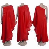 Red Women Single Shoulder Mesh Cloak Splicing Casual Jumpsuits