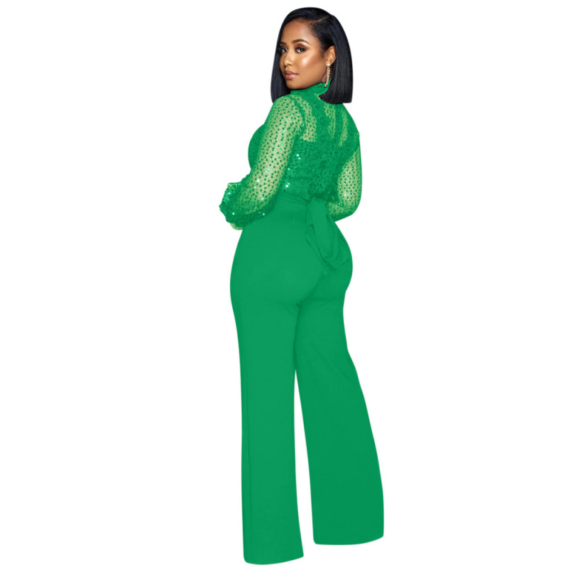Green Sequins Mesh See Through Long Trousers Jumpsuits