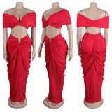 Red Women Underwires Off Shoulder Pleated Maxi Dress