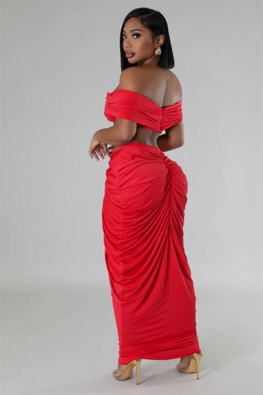 Red Women Underwires Off Shoulder Pleated Maxi Dress