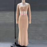Nude Sheer Embellished Rhinestones V-Waist Gown Skirt Sets Dress