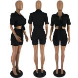 Black Two Piece Crop Tops Skirt Pocket Club Short Sets