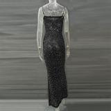 Black Sheer Embellished Scoop Neck Mesh Rhinestone Evening Gown Long Dress