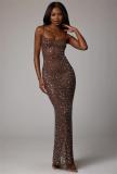 Coffee Sheer Embellished Scoop Neck Mesh Rhinestone Evening Gown Long Dress