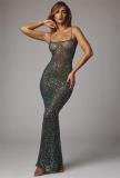 Green Sheer Embellished Scoop Neck Mesh Rhinestone Evening Gown Long Dress