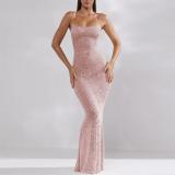Pink Sheer Embellished Scoop Neck Mesh Rhinestone Evening Gown Long Dress