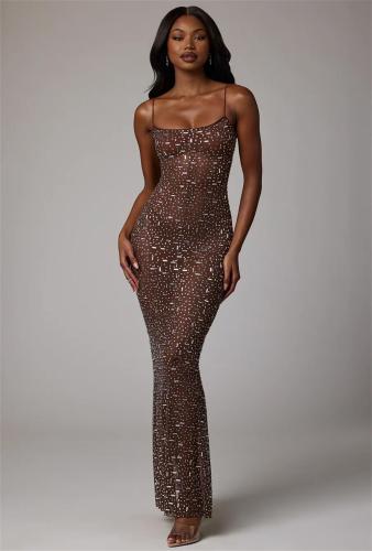 Coffee Sheer Embellished Scoop Neck Mesh Rhinestone Evening Gown Long Dress