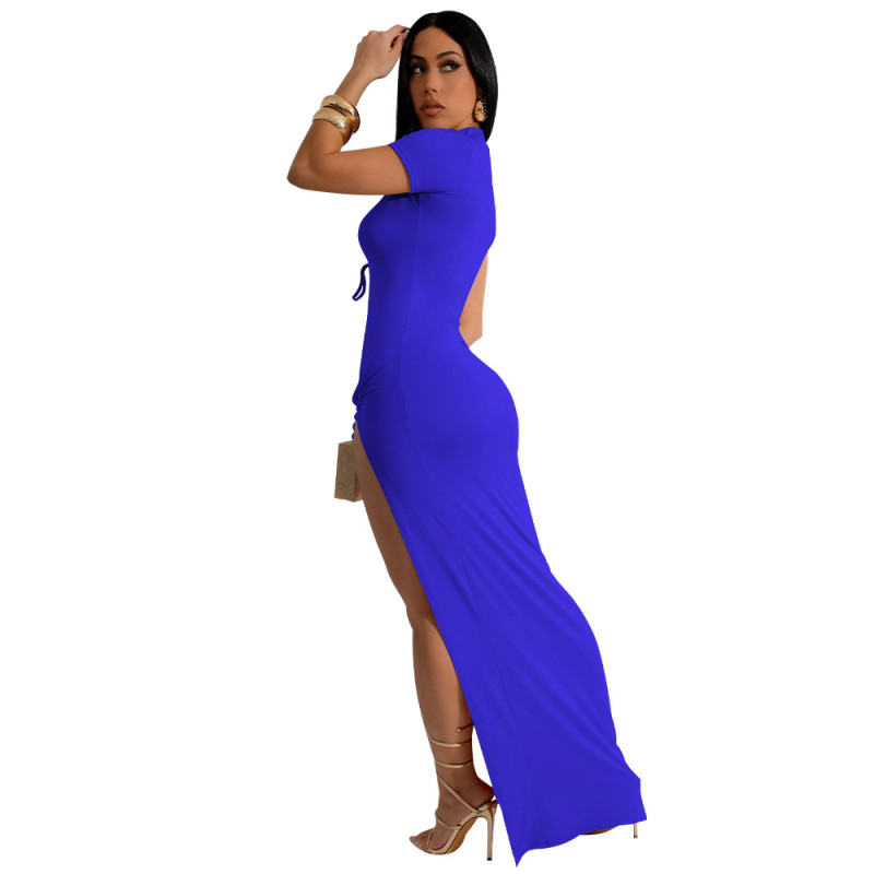 Blue Women's Sexy Hollow High Slit Dress Solid Long Skirt