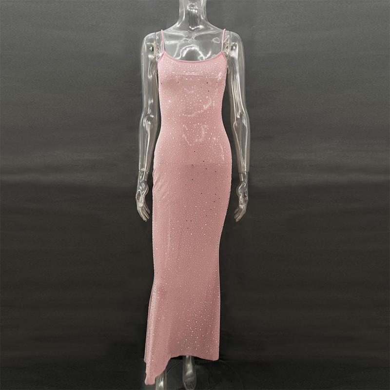 Pink Sheer Embellished Scoop Neck Mesh Rhinestone Evening Gown Long Dress