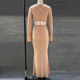 Nude Sheer Embellished Rhinestones V-Waist Gown Skirt Sets Dress
