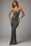 Green Sheer Embellished Scoop Neck Mesh Rhinestone Evening Gown Long Dress