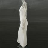 White Sheer Embellished Scoop Neck Mesh Rhinestone Evening Gown Long Dress