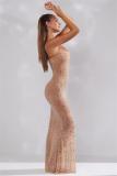 Nude Sheer Embellished Scoop Neck Mesh Rhinestone Evening Gown Long Dress