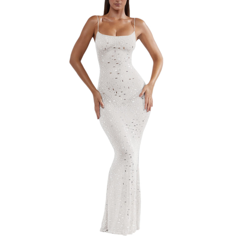 White Sheer Embellished Scoop Neck Mesh Rhinestone Evening Gown Long Dress