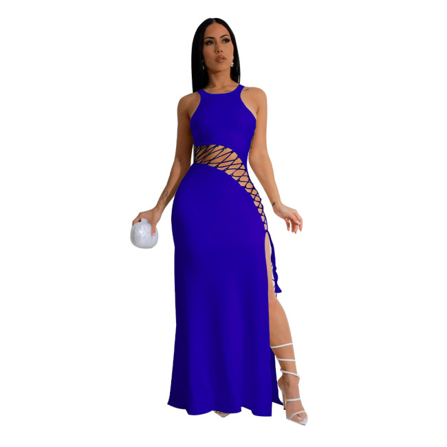 Blue Sleeveless Hollow Out Lace Up Bandage Sexy Long Dress