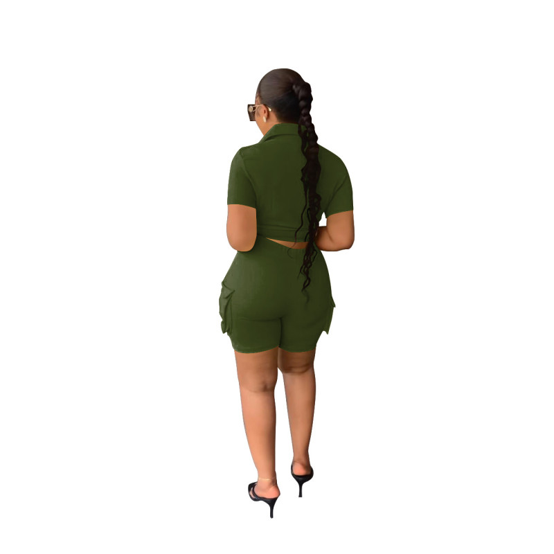Green Two Piece Crop Tops Skirt Pocket Club Short Sets