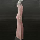 Pink Sheer Embellished Scoop Neck Mesh Rhinestone Evening Gown Long Dress