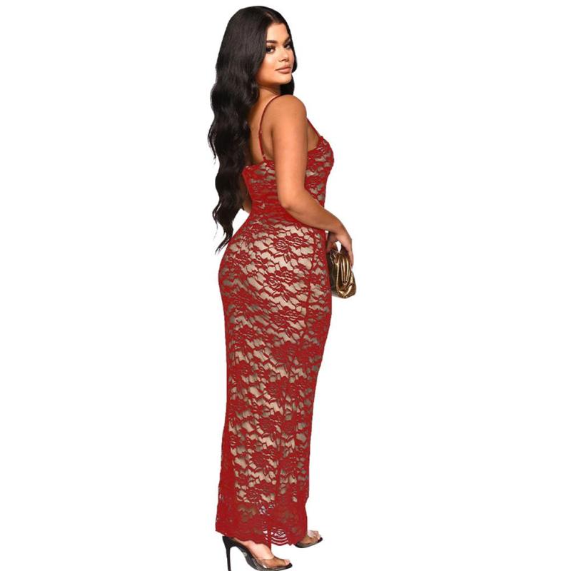 Red Straps Lace Bodycon Lining Party Sexy Midi Dress