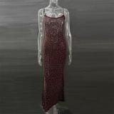 Coffee Sheer Embellished Scoop Neck Mesh Rhinestone Evening Gown Long Dress