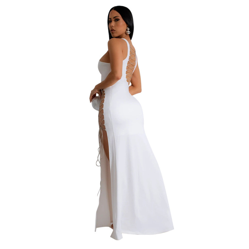 White Sleeveless Hollow Out Lace Up Bandage Sexy Long Dress