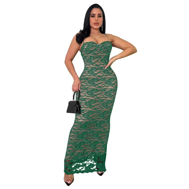 Green Straps Lace Bodycon Lining Party Sexy Midi Dress