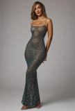 Green Sheer Embellished Scoop Neck Mesh Rhinestone Evening Gown Long Dress