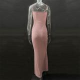 Pink Sheer Embellished Scoop Neck Mesh Rhinestone Evening Gown Long Dress