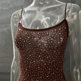 Coffee Sheer Embellished Scoop Neck Mesh Rhinestone Evening Gown Long Dress