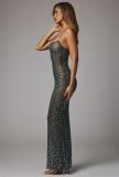 Green Sheer Embellished Scoop Neck Mesh Rhinestone Evening Gown Long Dress