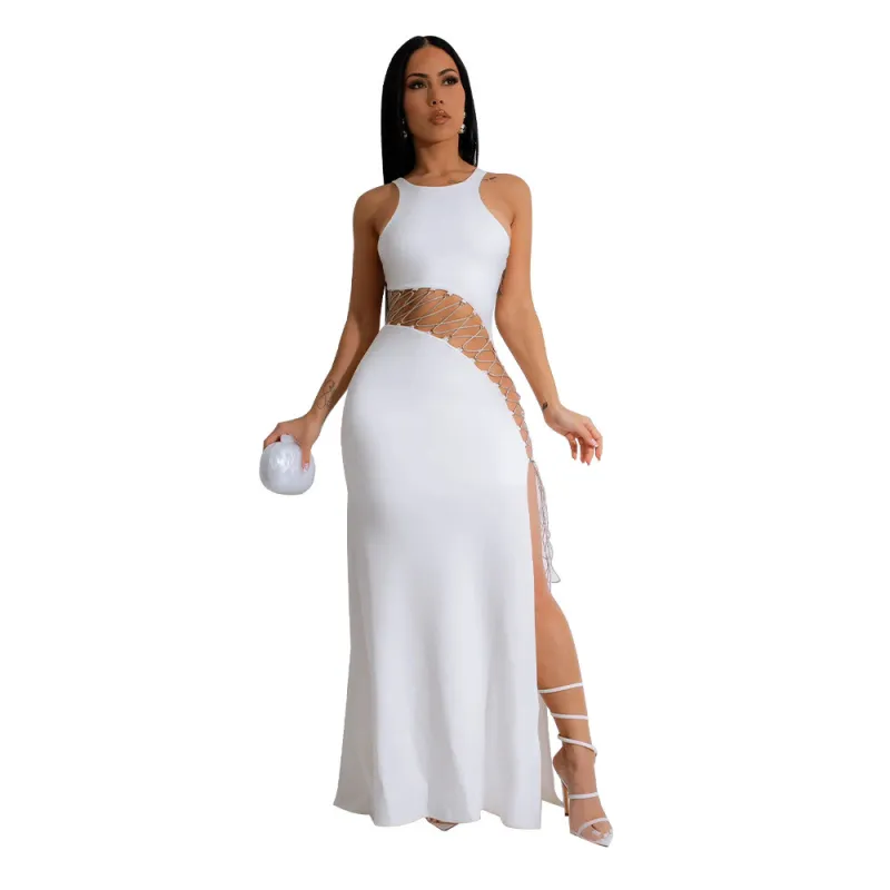 White Sleeveless Hollow Out Lace Up Bandage Sexy Long Dress