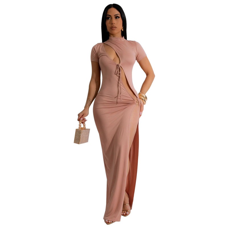 Pink Women's Sexy Hollow High Slit Dress Solid Long Skirt
