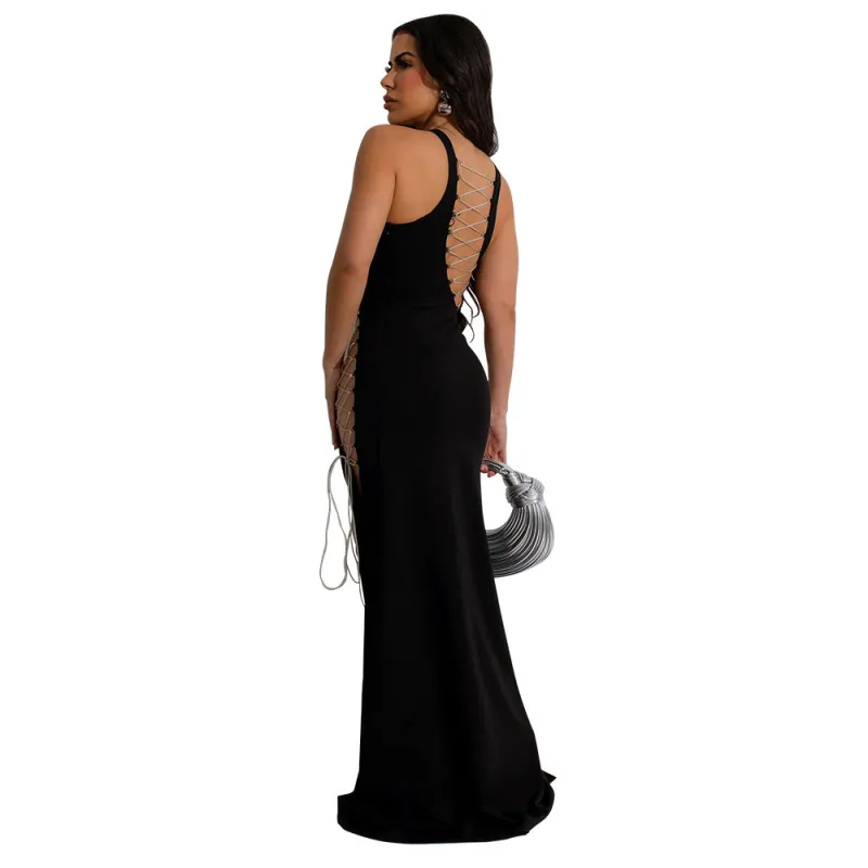 Black Sleeveless Hollow Out Lace Up Bandage Sexy Long Dress