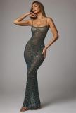 Green Sheer Embellished Scoop Neck Mesh Rhinestone Evening Gown Long Dress