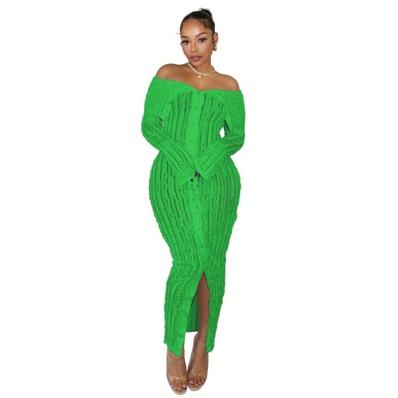 Green Off Shoulder Mesh Wavy Button Cardigan Party Midi Dress