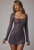 RoyalBlue Long Sleeve A-Line Sheer Embellished Rhinestone Party Mini Dress