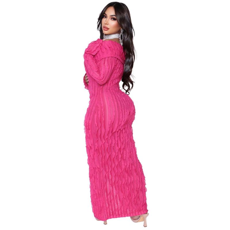 RoseRed Off Shoulder Mesh Wavy Button Cardigan Party Midi Dress