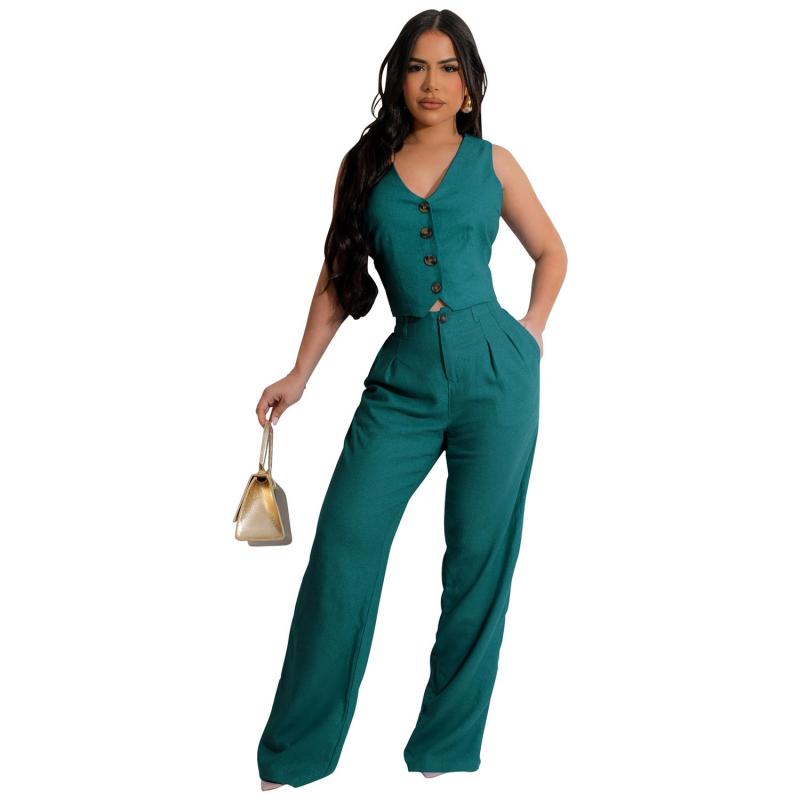 Green Two Pieces Sleeveless Button Vest Office Lady Sexy Jumpsuits